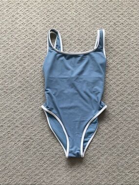 LainSnow Dusty Blue One-Piece Swimsuit with White Trim 0545